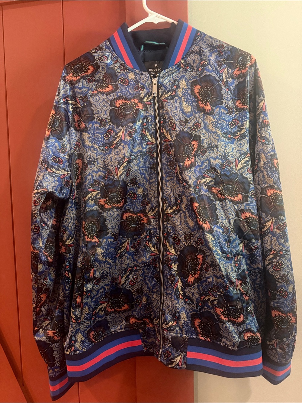 House of Holland Blue Floral Satin Bomber Jacket with Pink & Black Trim